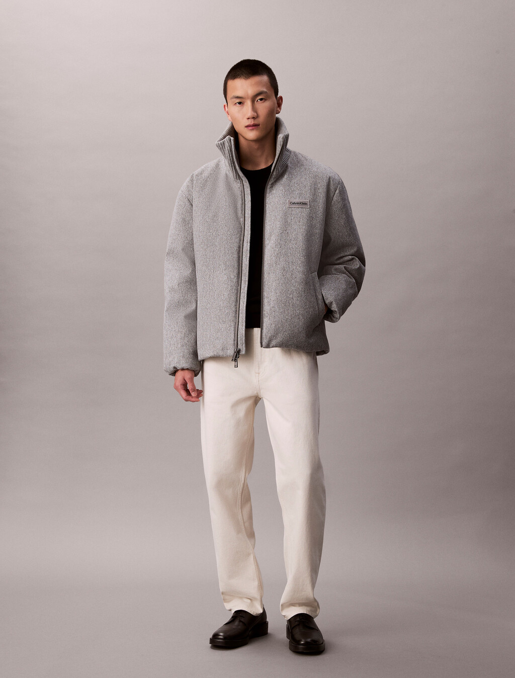 Melange Ribbed Neck Puffer Jacket, Heather Grey, hi-res