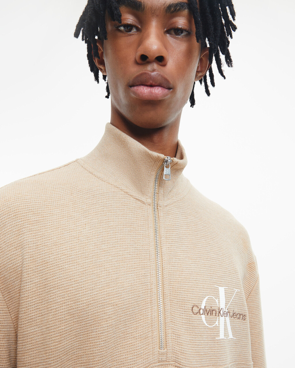 Waffle Cotton Zip Neck Sweatshirt, TRAVERTINE HEAT, hi-res
