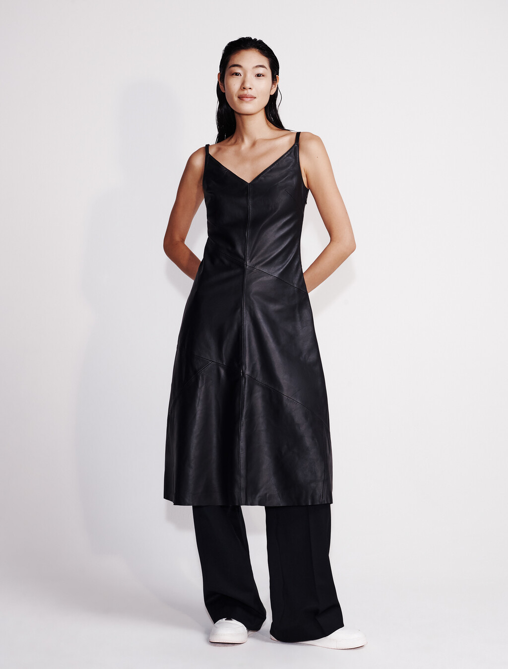 Leather Sleeveless Midi Dress, Black, hi-res