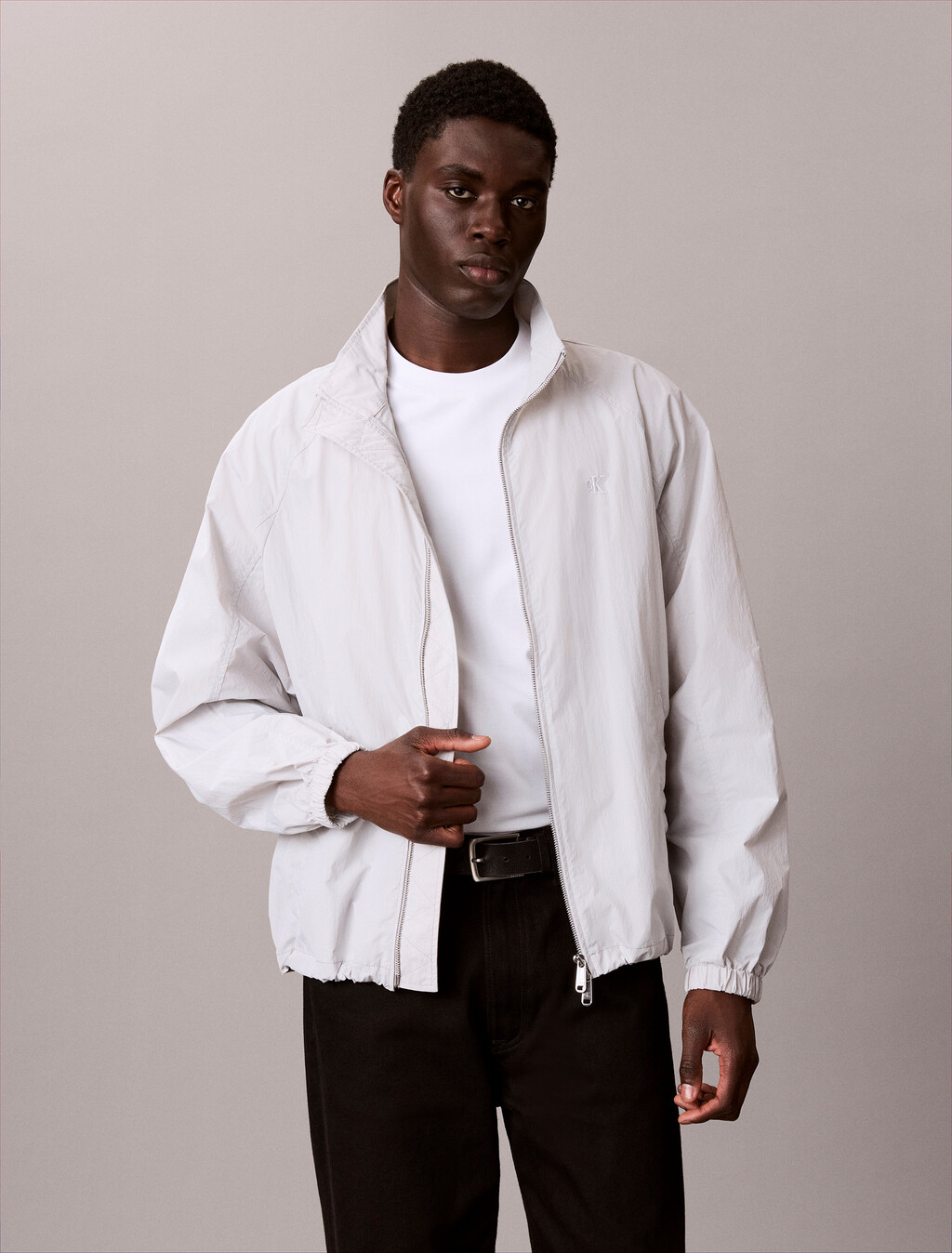 Lightweight Nylon Varsity Track Jacket, Quiet Gray, hi-res