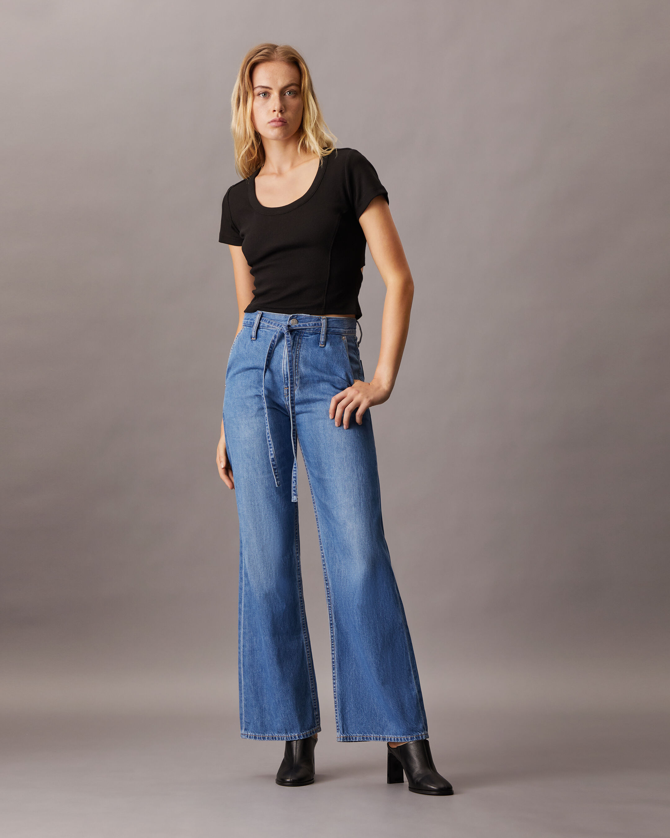 Linen High Rise Wide Leg Jeans | blue | Calvin Klein Singapore