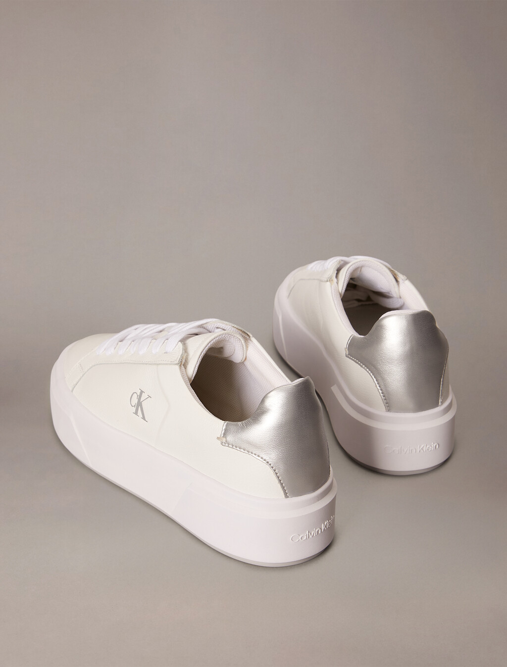Sienna - Leather Logo Platform Trainers, Bright White/Silver, hi-res