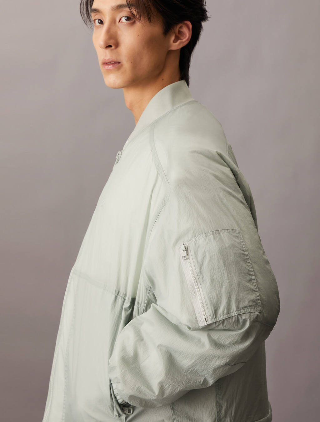 Lightweight Nylon Relaxed Bomber Jacket, Slate Gray, hi-res