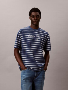 Relaxed Cotton Piqu&eacute; Stripe T-shirt, Dark Denim, hi-res
