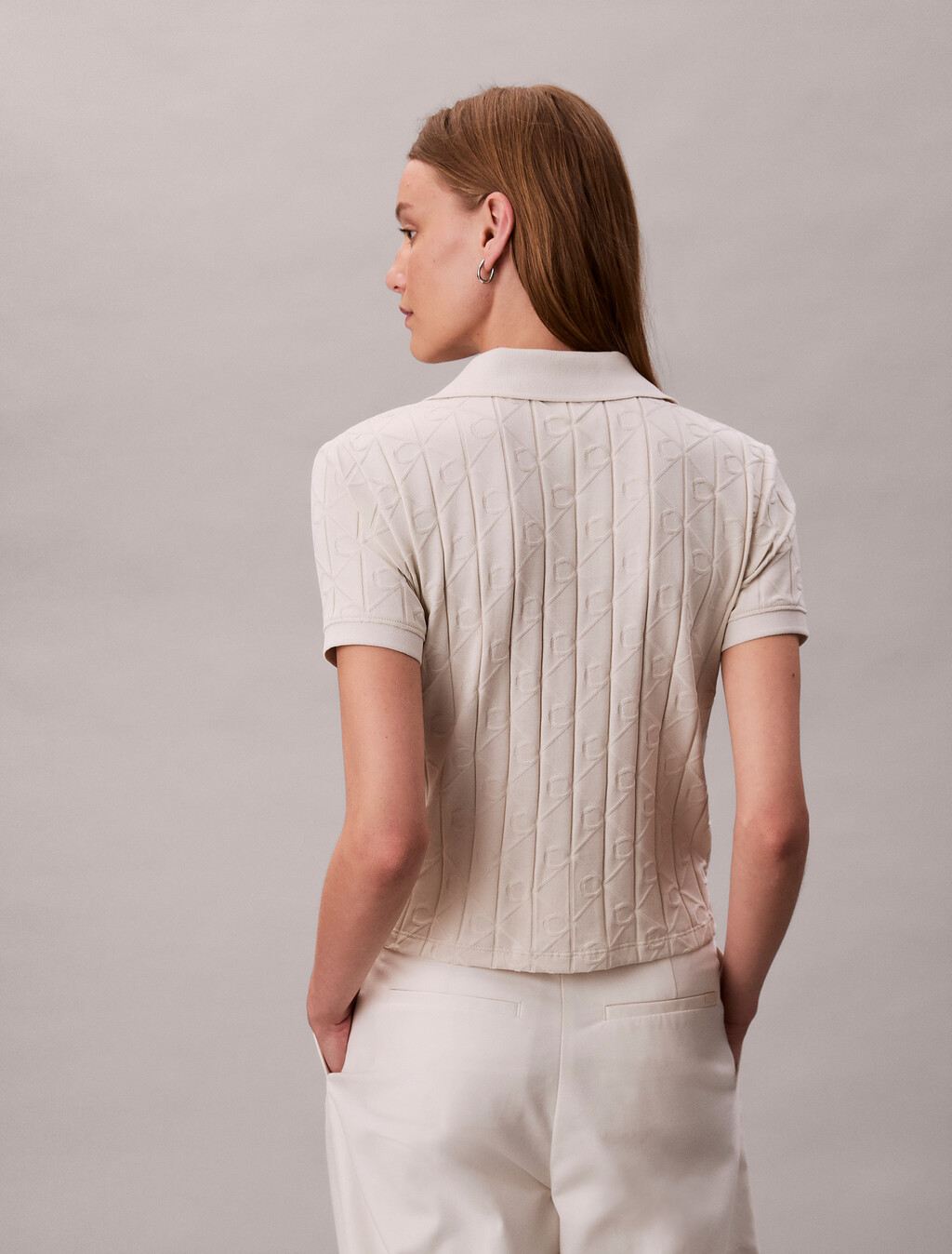 Allover Monogram Logo Jacquard Polo Top, Chalk, hi-res