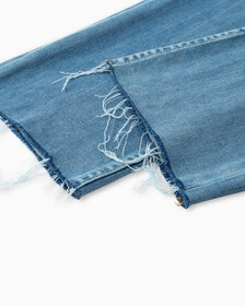 ULTIMATE STRETCH HIGH RISE SLIM STRAIGHT FRAYED JEANS, Mid Blue Embro Raw Hem, hi-res