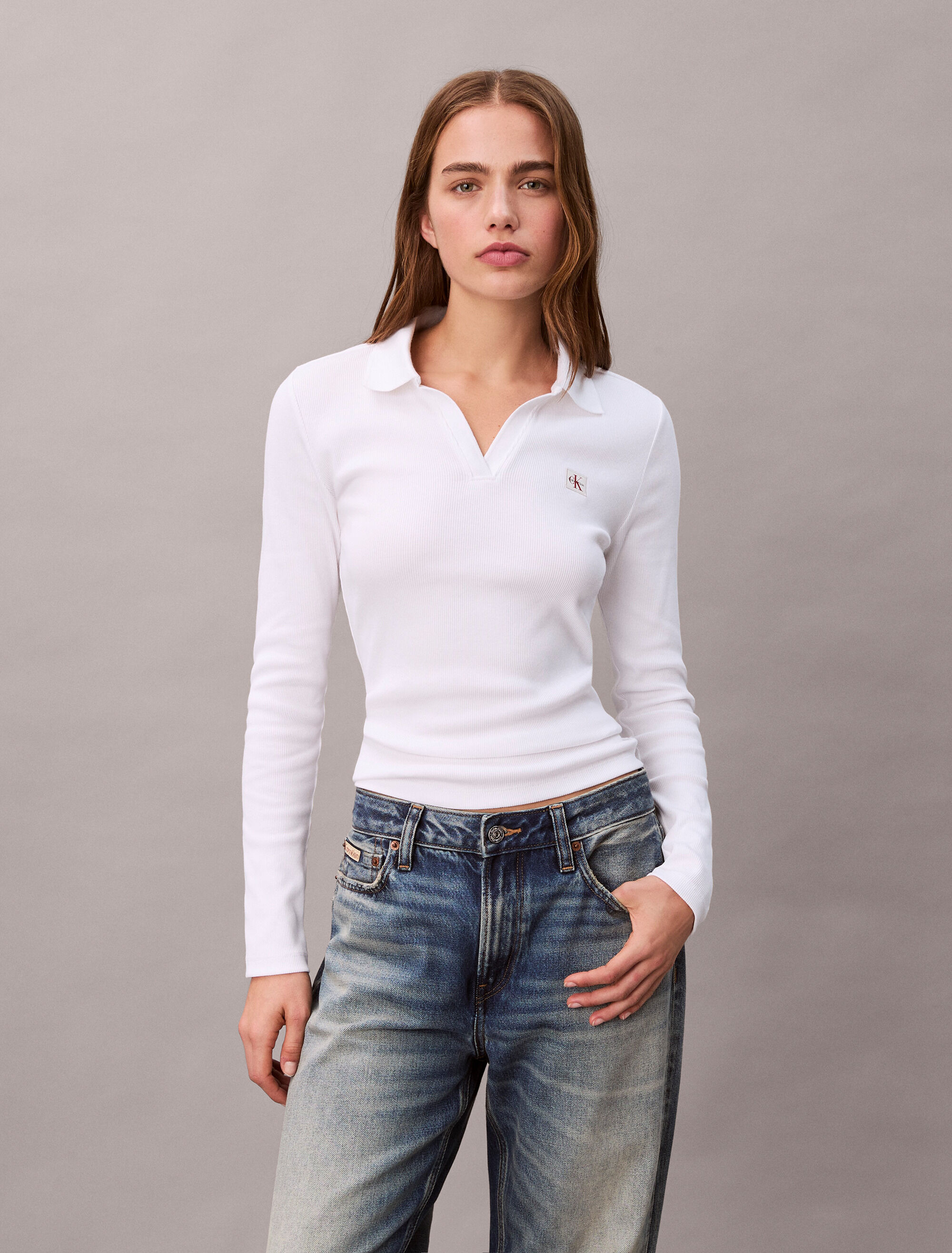 Woven Monologo Rib Collared Top | white | Calvin Klein Singapore