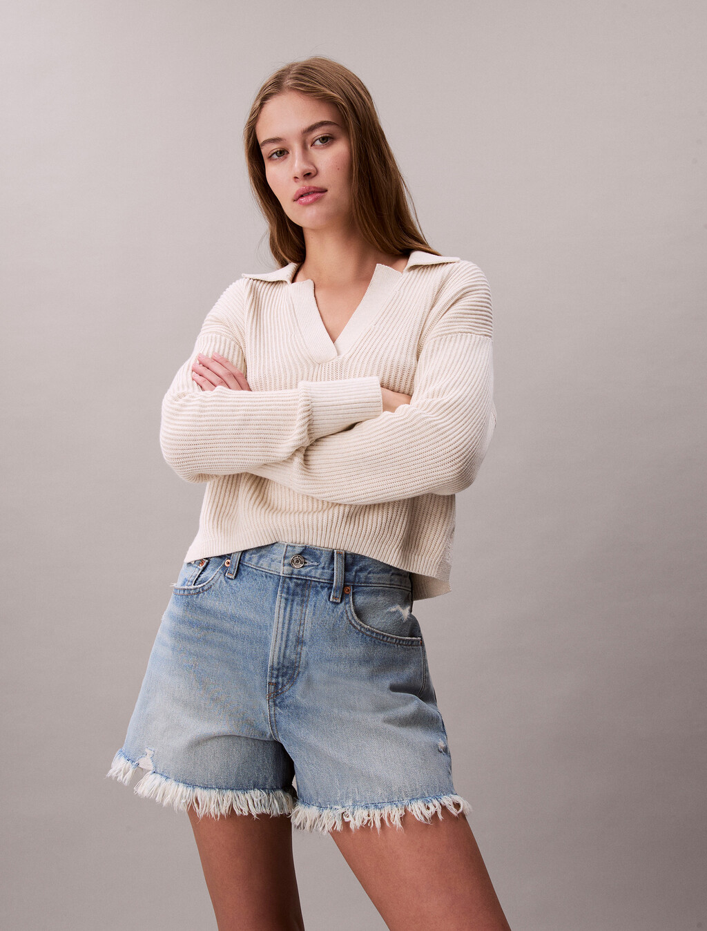 90s Relaxed Frayed Denim Shorts, BARDOT BLUE, hi-res