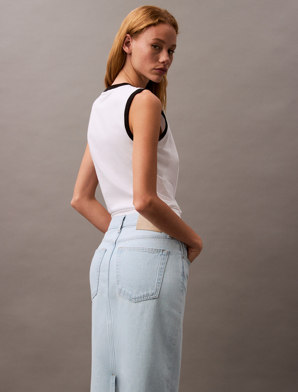 Bleached Indigo Denim Column Skirt, BLEACHED INDIGO, hi-res