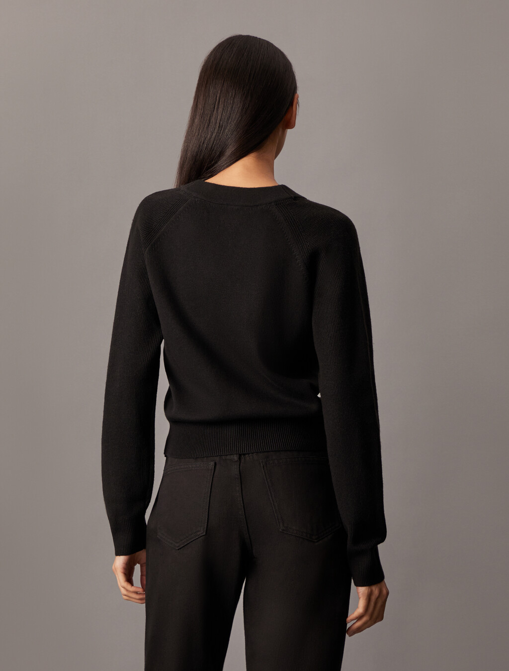 V Neck Rib Knit Cardigan, Ck Black, hi-res
