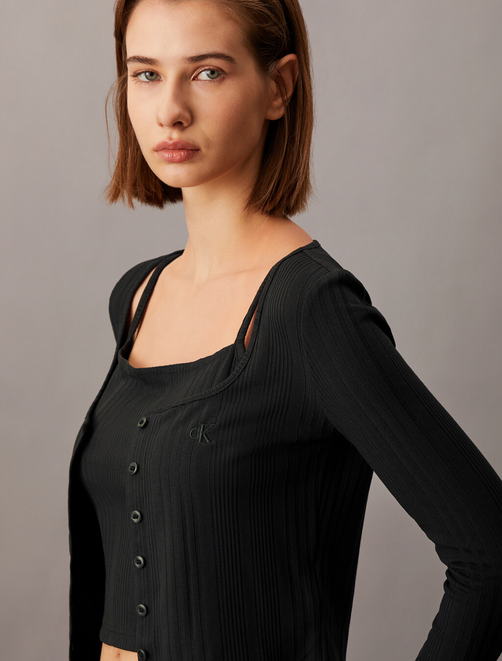 2 in 1 Rib Knit Slim Cardigan, Ck Black, hi-res