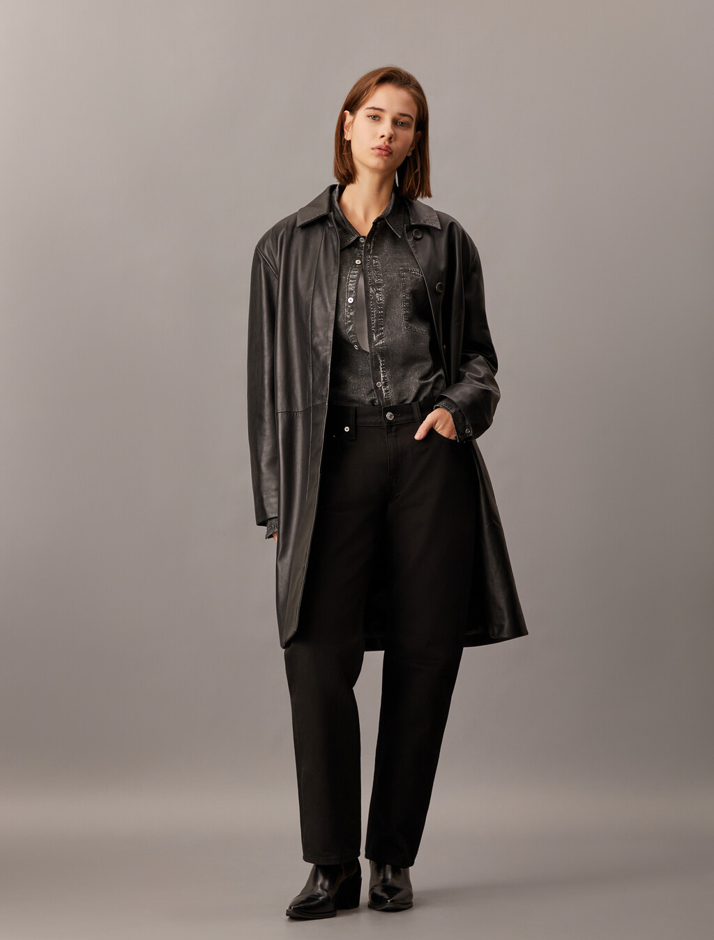 Trompe L'oeil Denim Shirt, Black Denim Print, hi-res