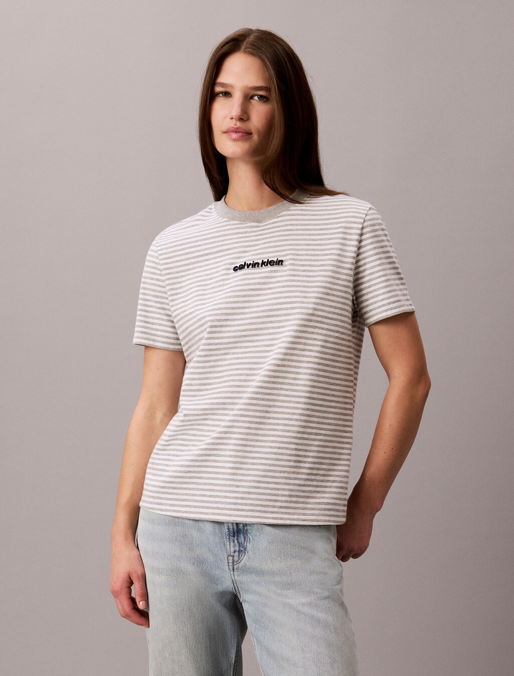 Classic Stripe Logo Print Tee, Grey Heather + Bright White Stripe, hi-res