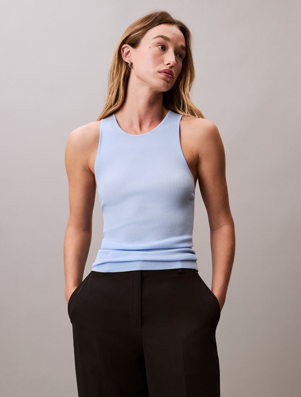 Viscose Blend Ribbed Tank Top, Cerulean, hi-res