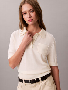 Merino Wool Polo Jumper, Chalk, hi-res