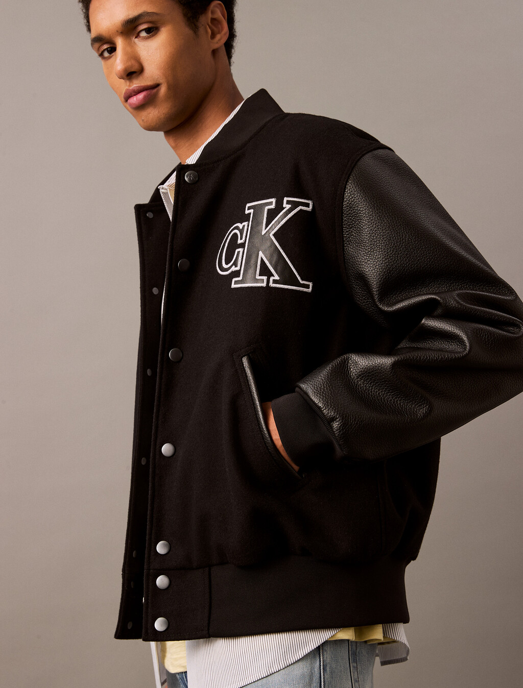 Varsity Bomber Jacket, Black, hi-res
