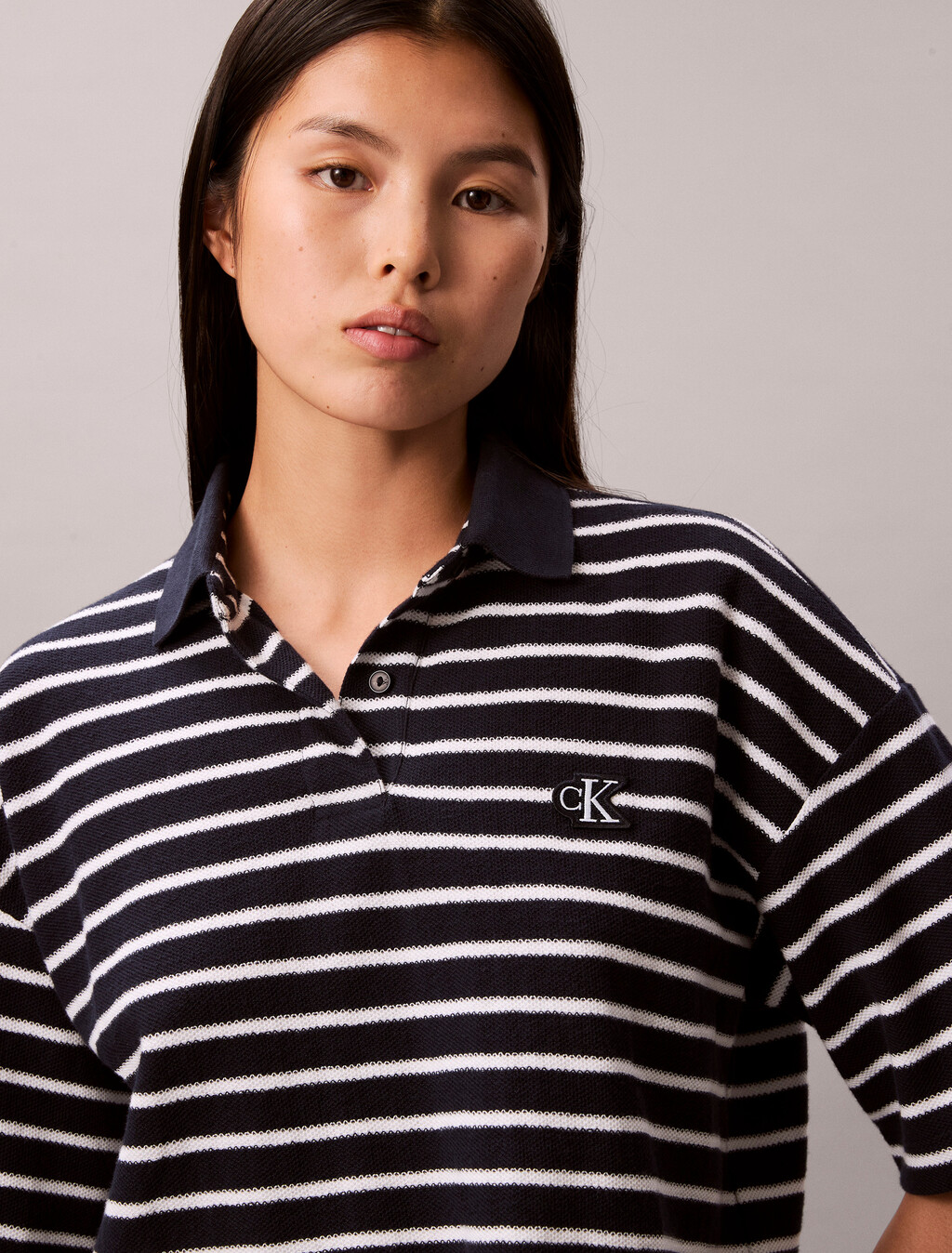 Stripe Cotton Pique Cropped Polo, Dark Sapphire, hi-res