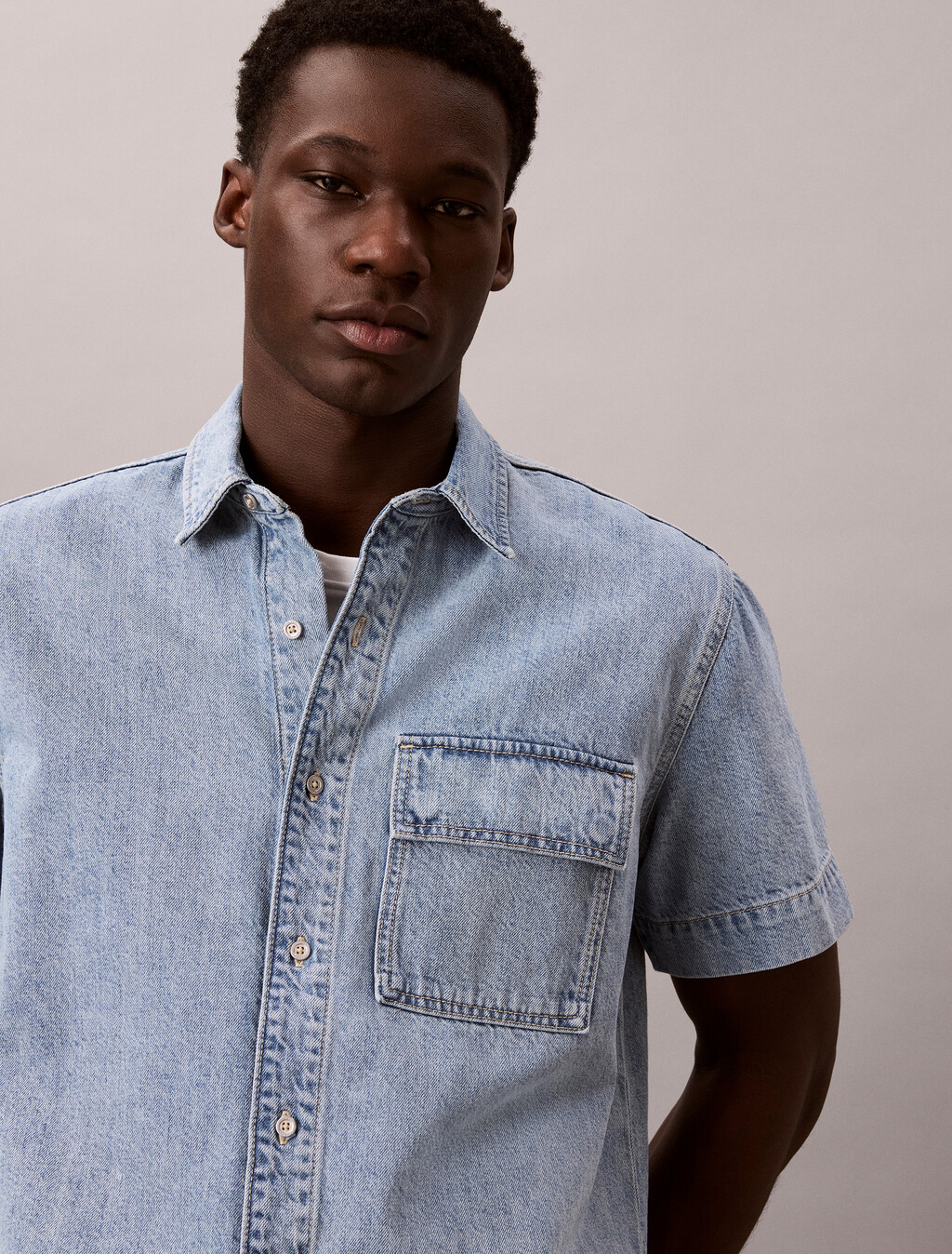 Denim Short Sleeve Utility Shirt, SHALLOW TIDE, hi-res