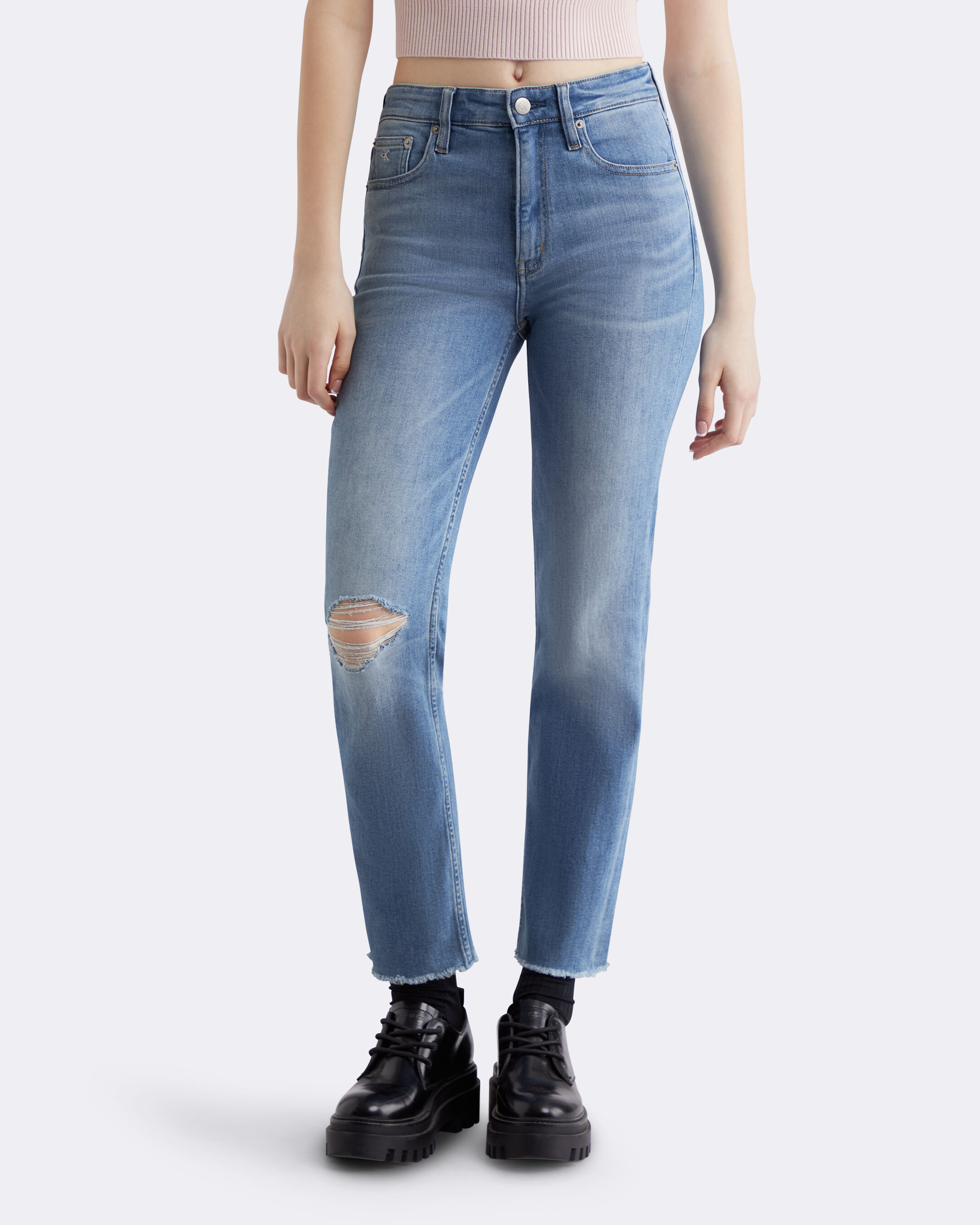 Italian Denim High Rise Distressed Slim Straight Jeans blue Calvin Klein Singapore