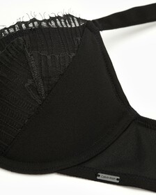 CK BLACK LINEAR LACE PUSH UP PLUNGE BRA, Black, hi-res