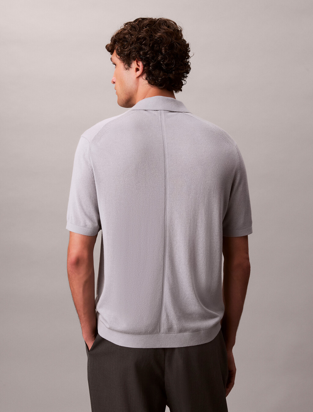 Silk Cashmere Polo Sweater, Gray Marble, hi-res