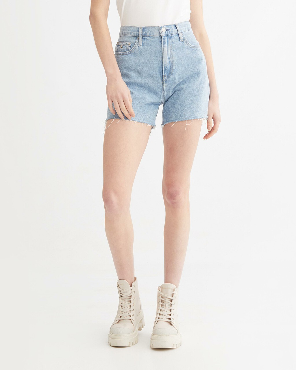 WASHED MID LENGTH FRAYED DENIM SHORTS, Denim Light, hi-res