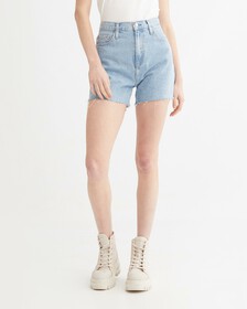WASHED MID LENGTH FRAYED DENIM SHORTS, Denim Light, hi-res