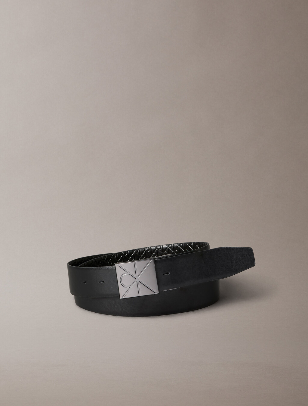 CK Emblem Plaque Reversible Belt, Black AOP / Black / Matte Gunmetal, hi-res