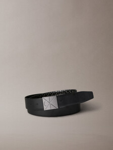 CK Emblem Plaque Reversible Belt, Black AOP / Black / Matte Gunmetal, hi-res