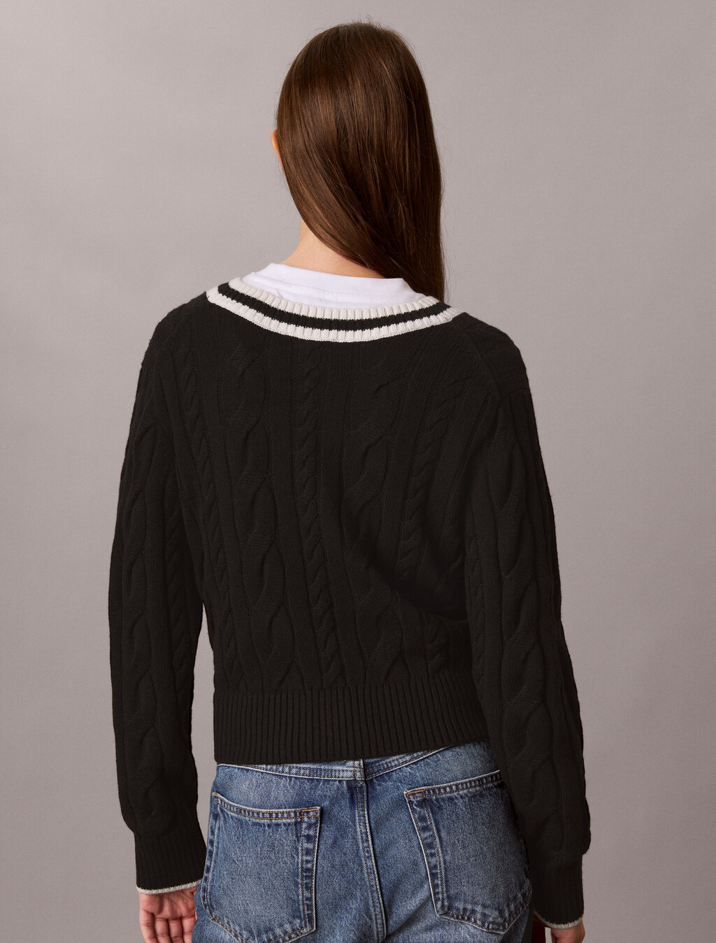 Cable Knit V-Neck Sweater, Black, hi-res