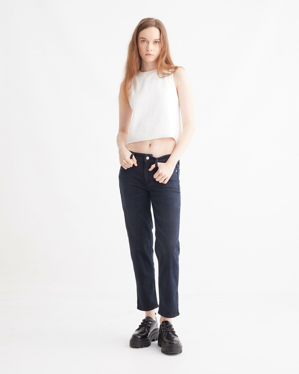 Reconsidered Italian Denim Slim Straight Ankle Jeans, Blue Black Back Embro Splt Hem, hi-res