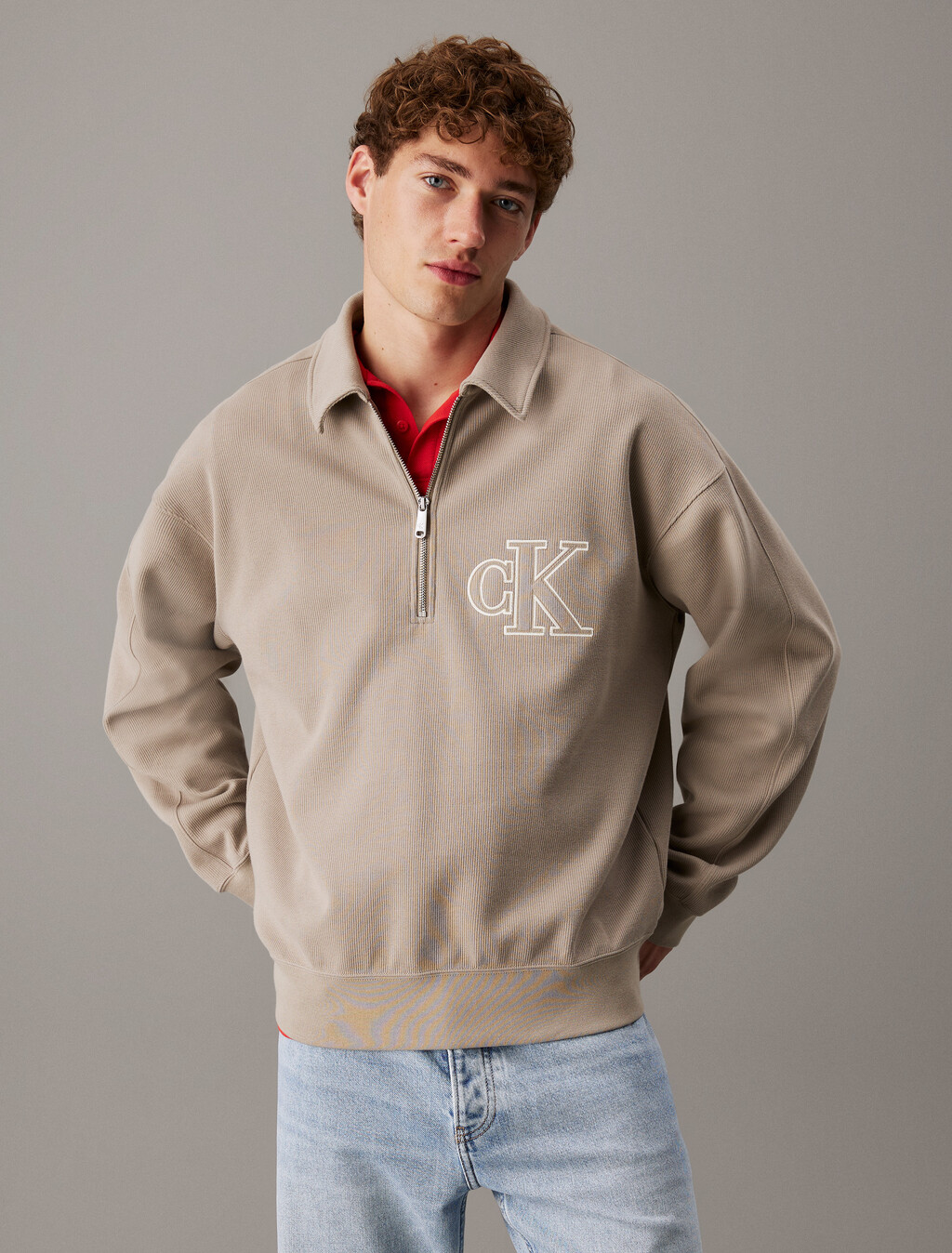 Rib Knit Logo Applique Zip Polo, Vintage Khaki, hi-res