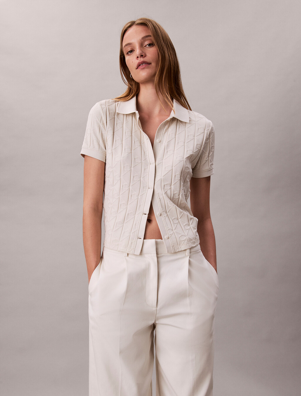 Allover Monogram Logo Jacquard Polo Top, Chalk, hi-res