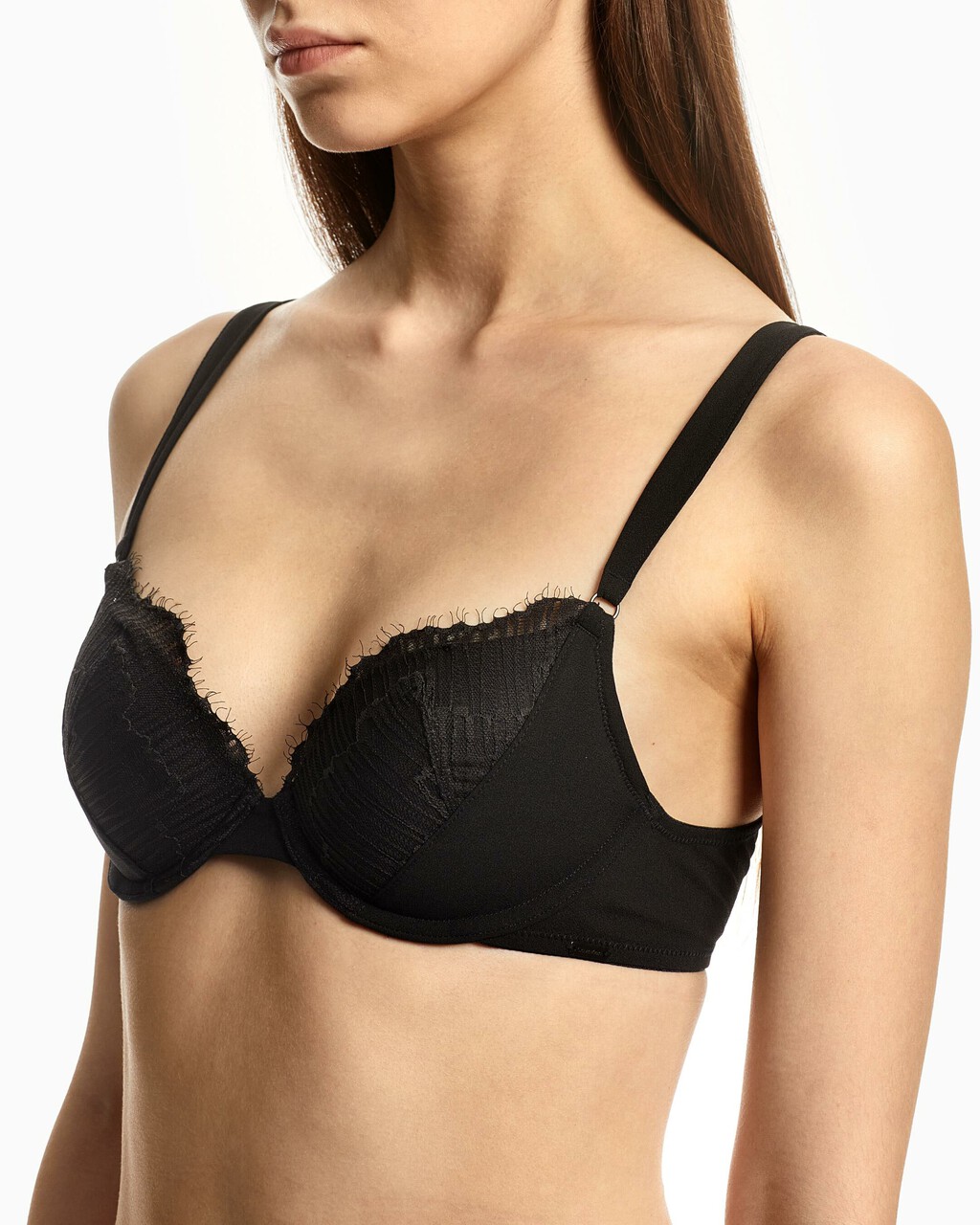 CK Black Linear Lace Push Up Plunge Bra, black