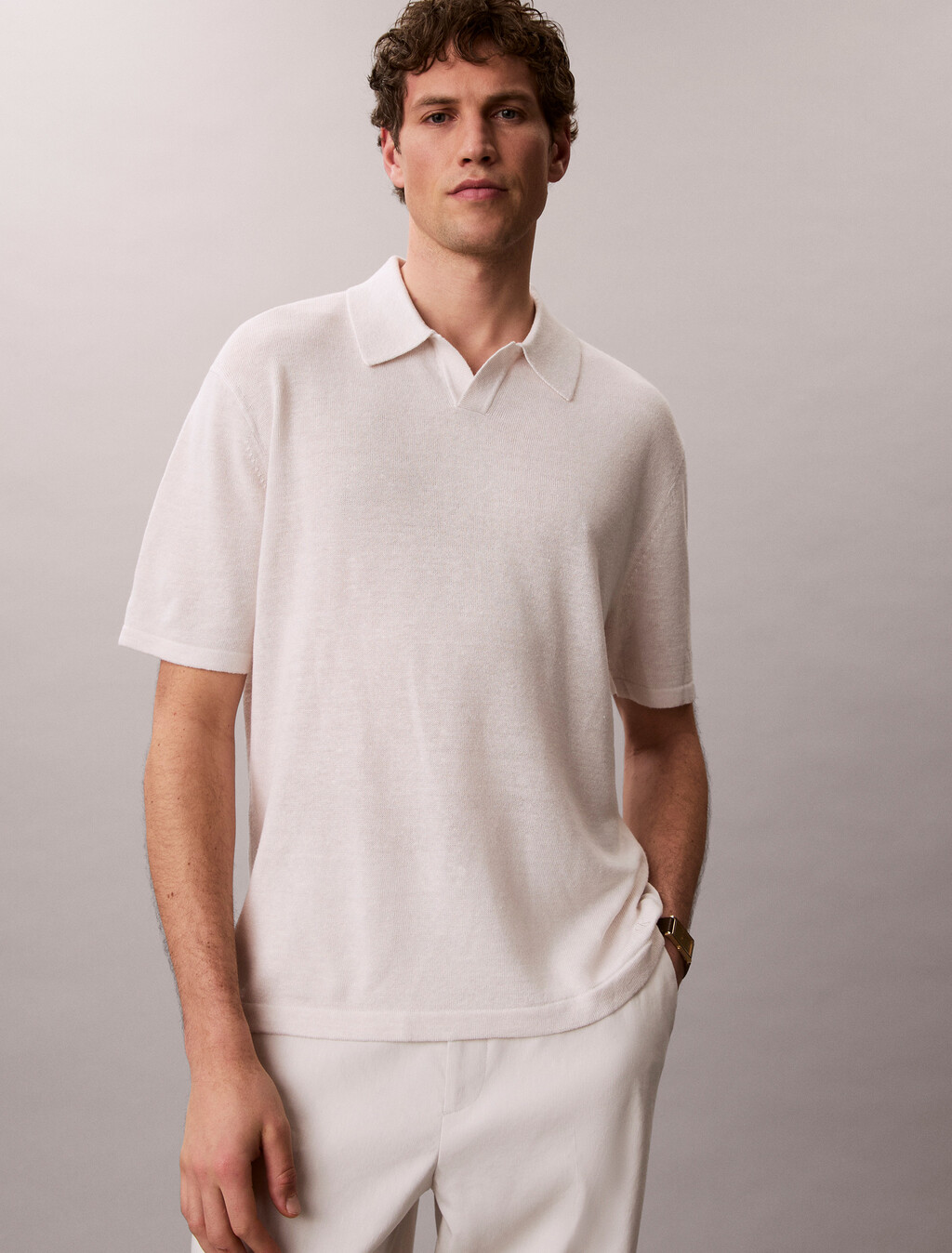 Linen Blend Open Collar Polo Shirt, White Sand, hi-res