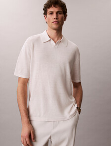 Linen Blend Open Collar Polo Shirt, White Sand, hi-res