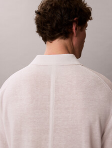 Linen Blend Open Collar Polo Shirt, White Sand, hi-res