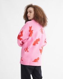 YEAR OF THE RABBIT ALL OVER PRINT CARDIGAN, FUCHSIA PINK, hi-res