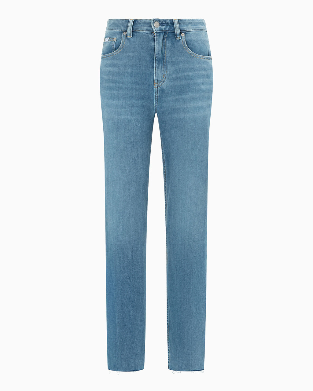 ULTIMATE STRETCH HIGH RISE SLIM STRAIGHT FRAYED JEANS, Mid Blue Embro Raw Hem, hi-res