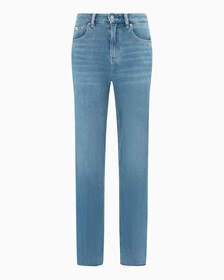 ULTIMATE STRETCH HIGH RISE SLIM STRAIGHT FRAYED JEANS, Mid Blue Embro Raw Hem, hi-res