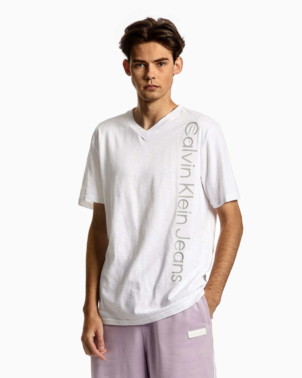 V NECK LOGO COTTON SLUB TEE, BRILLIANT WHITE, hi-res