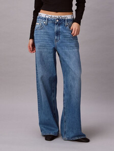 Logo Waistband Low Rise Baggy Jeans, MID BLUE, hi-res