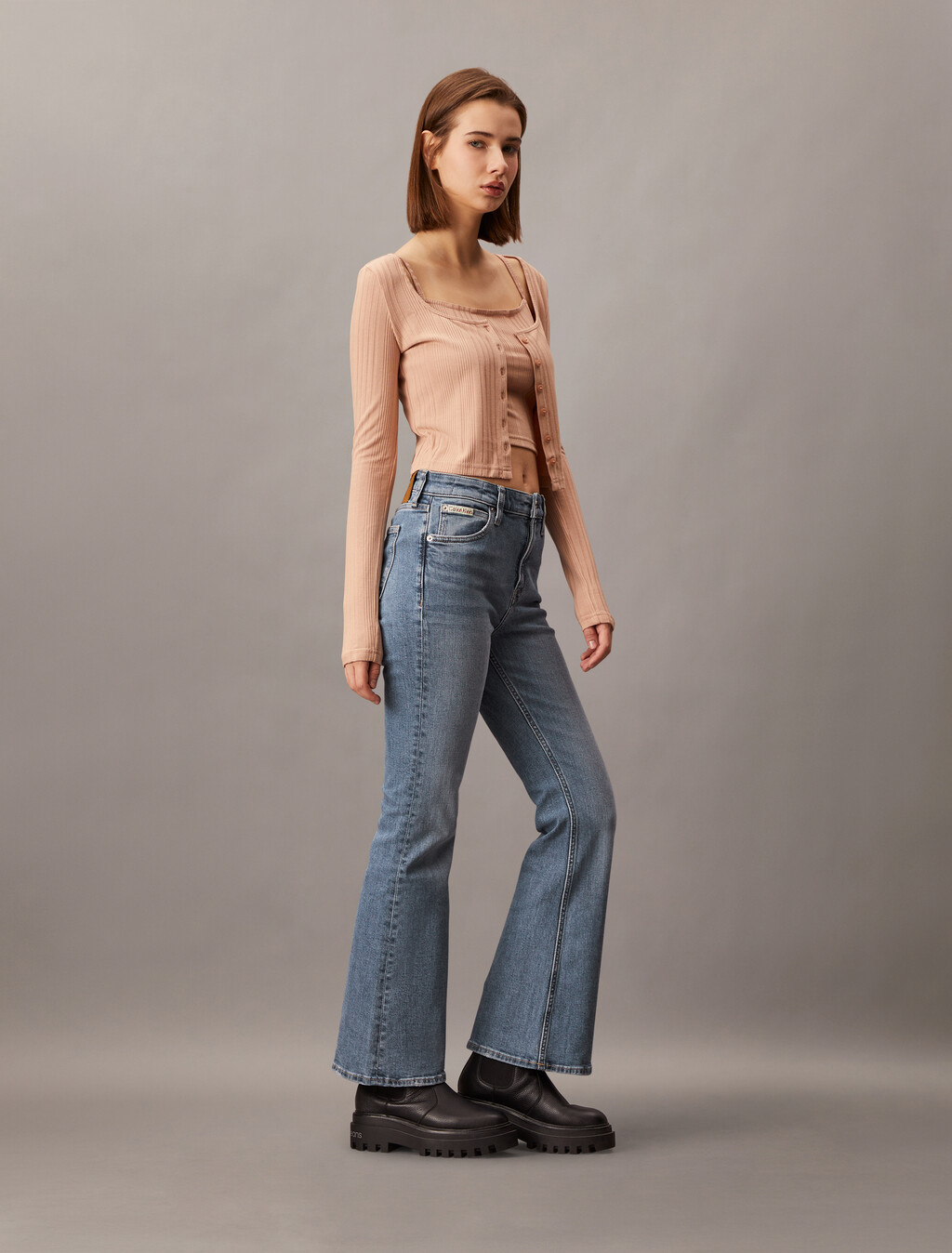 Italian High Rise Flare Jeans, Denim Medium, hi-res