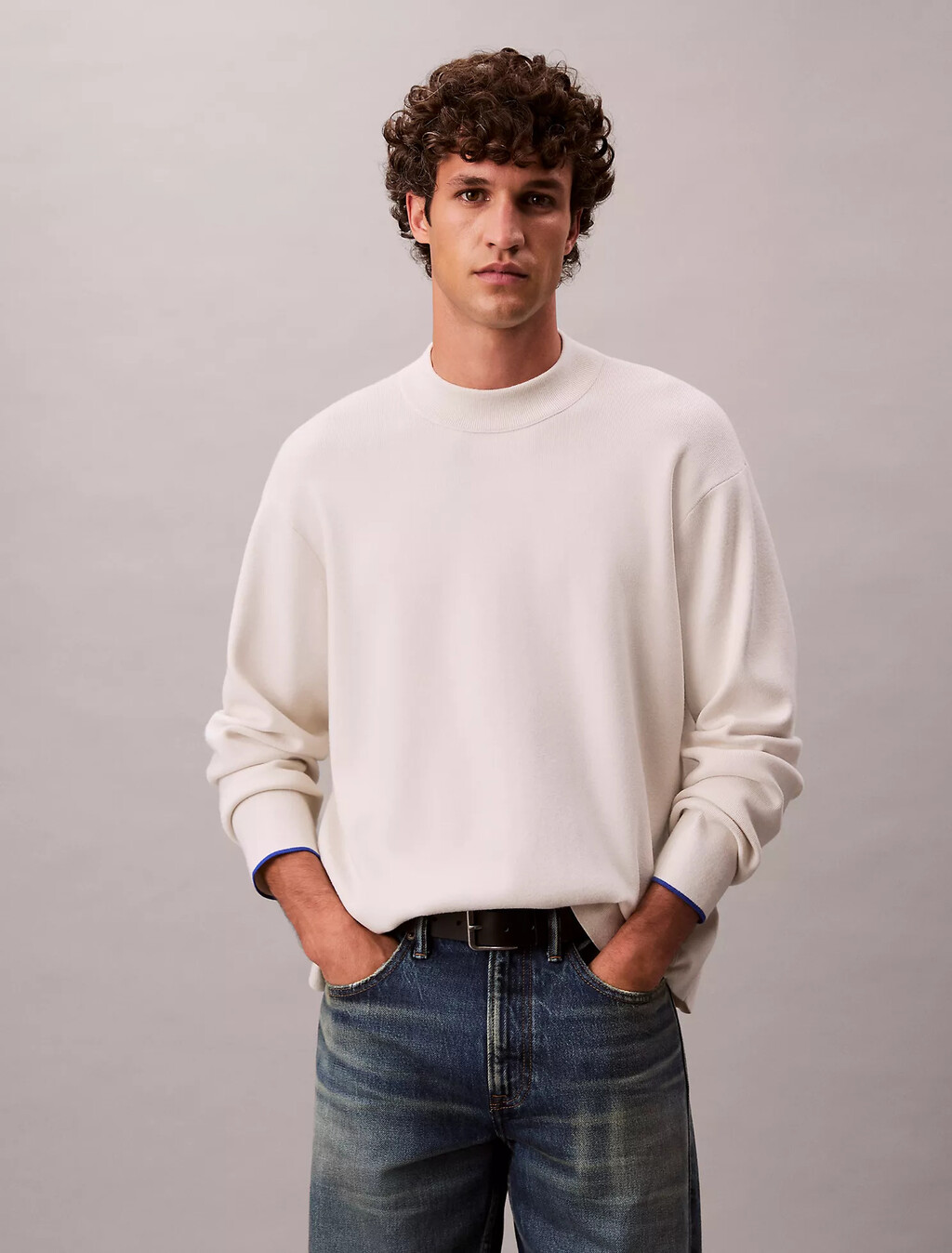 Tech Knit Boxy Mock Neck Jumper, Chalk, hi-res