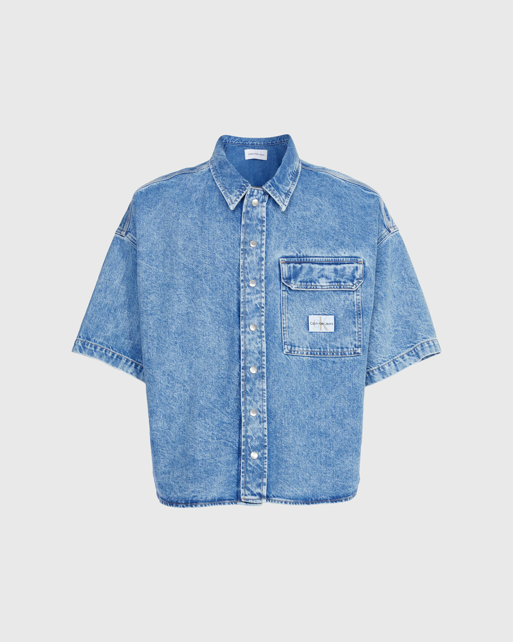 Oversized Short Sleeve Denim Shirt, Denim Medium, hi-res