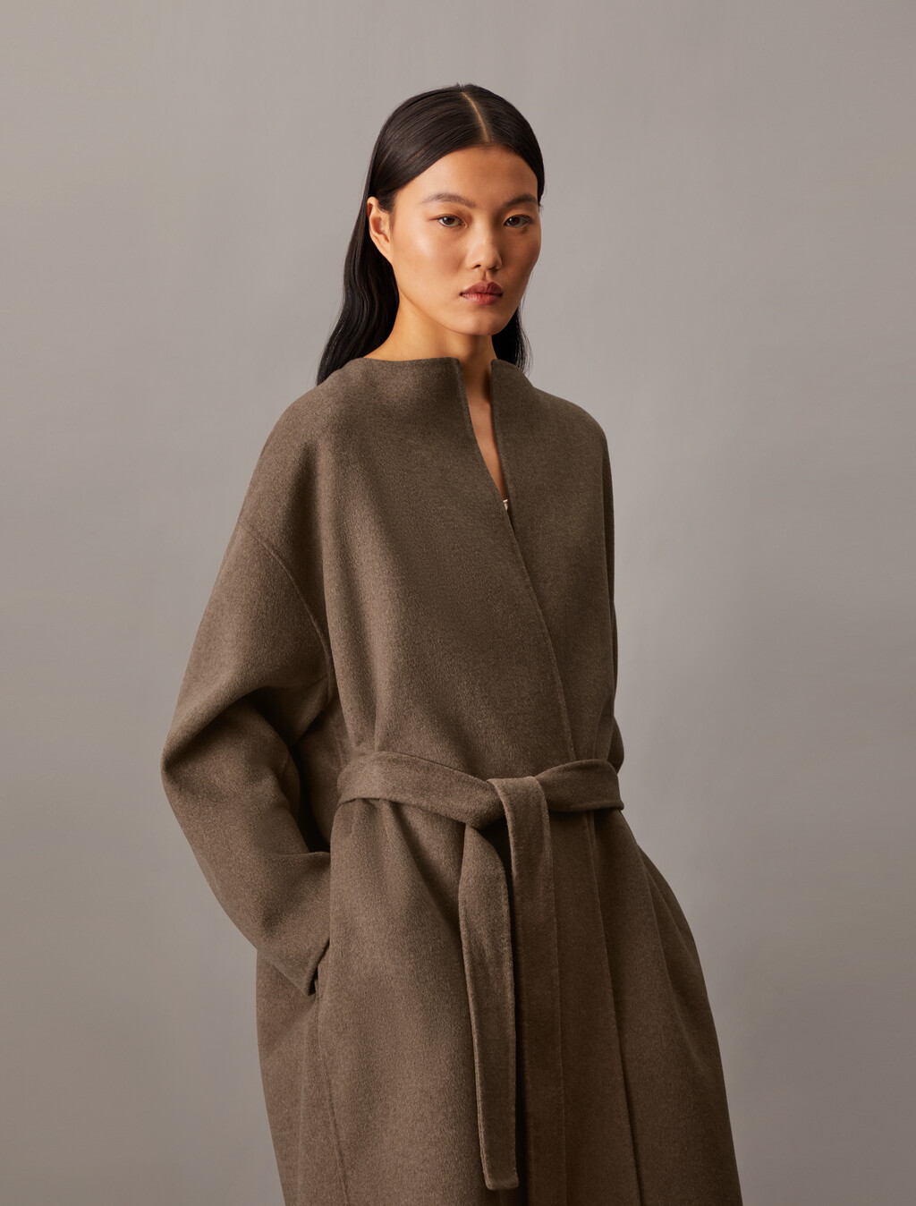 Cashmere Wool Blend Collarless Wrap Coat, Spiced Plum Melange, hi-res