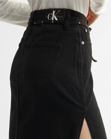 RECONSIDERED HIGH RISE DENIM MAXI SKIRT, Washed Black Self Fabric Logo Belt, hi-res