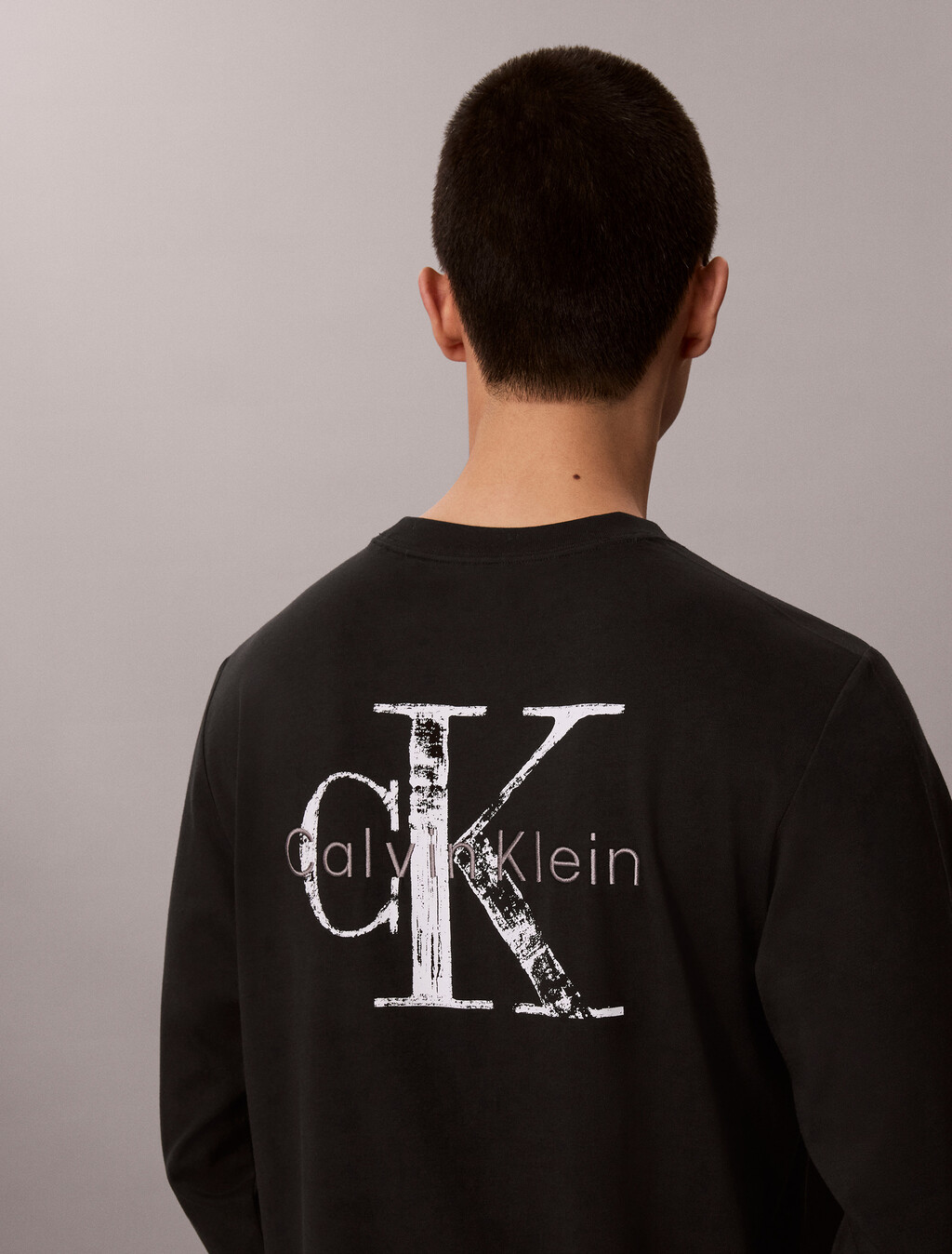 Distressed Monogram Long Sleeve Tee, Black, hi-res
