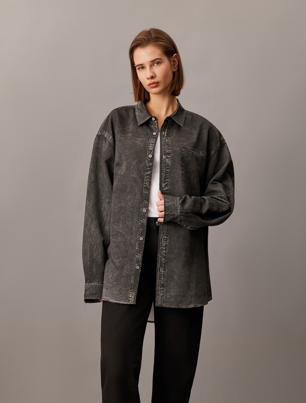 Trompe L'oeil Denim Shirt, Black Denim Print, hi-res