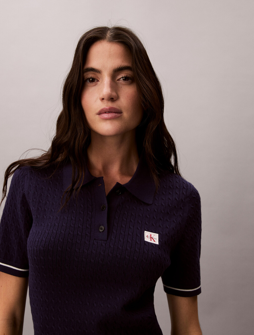 Micro Cable Knit Polo Mini Dress, Evening Blue, hi-res